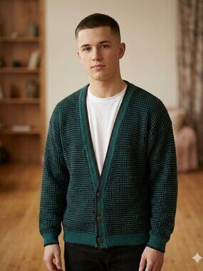 STREET CLOSED V-Neck Buttoned Cardigan Sweater Marled Black/Teal Knit Men's XL